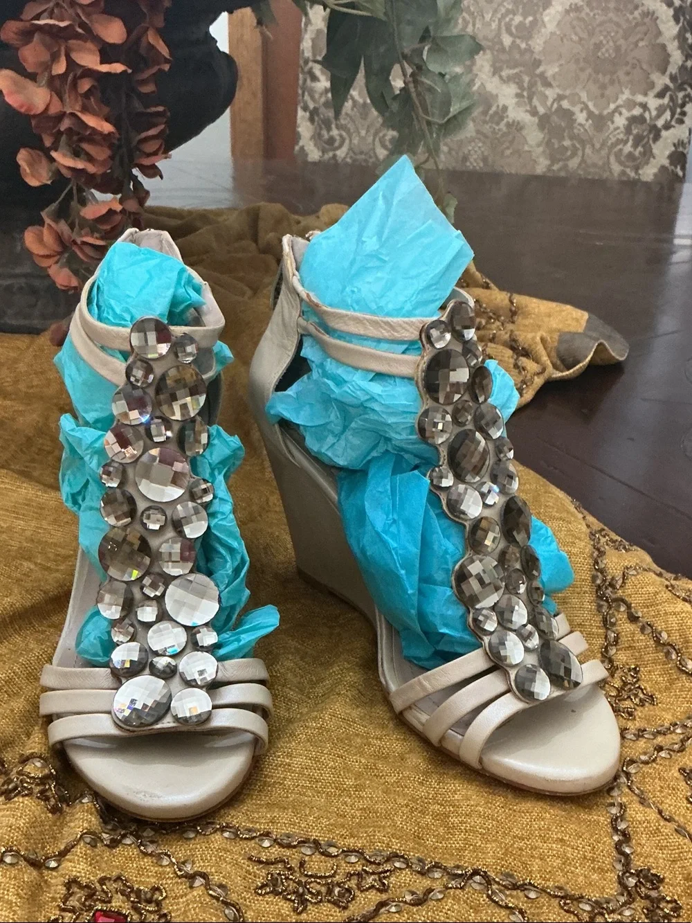 Vince Camuto Beige Jeweled Wedge Sandals